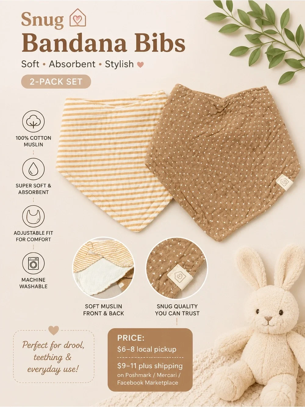 Snug Muslin Bandana Bib Set | 2-Pack Neutral Baby Bibs | Soft Cotton